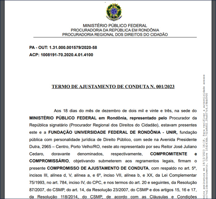 MPF e Unir assinam acordo com medidas de reparação sobre discurso misógino e homofóbico de professor